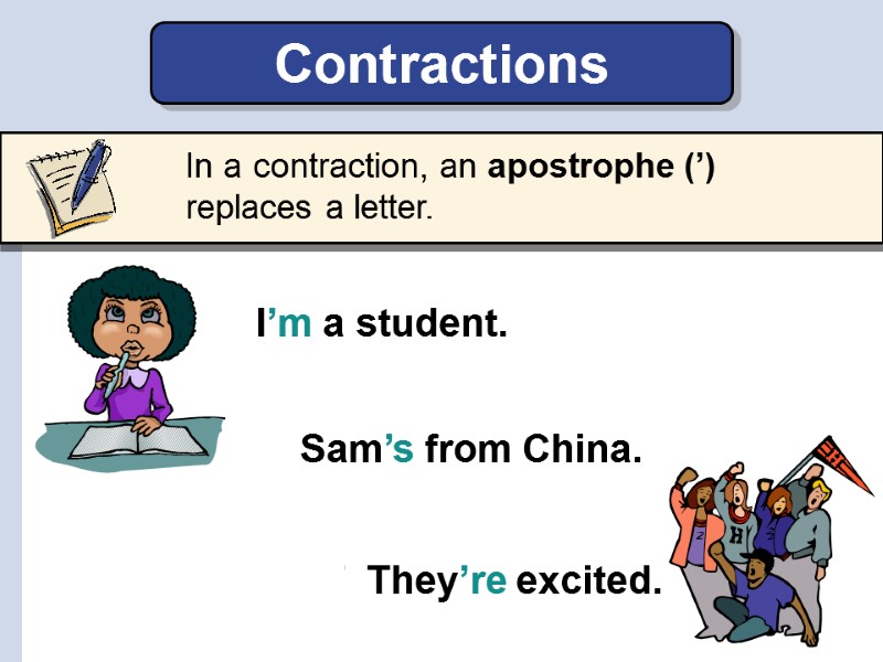 In a contraction, an apostrophe (’) replaces a letter. Contractions  I  